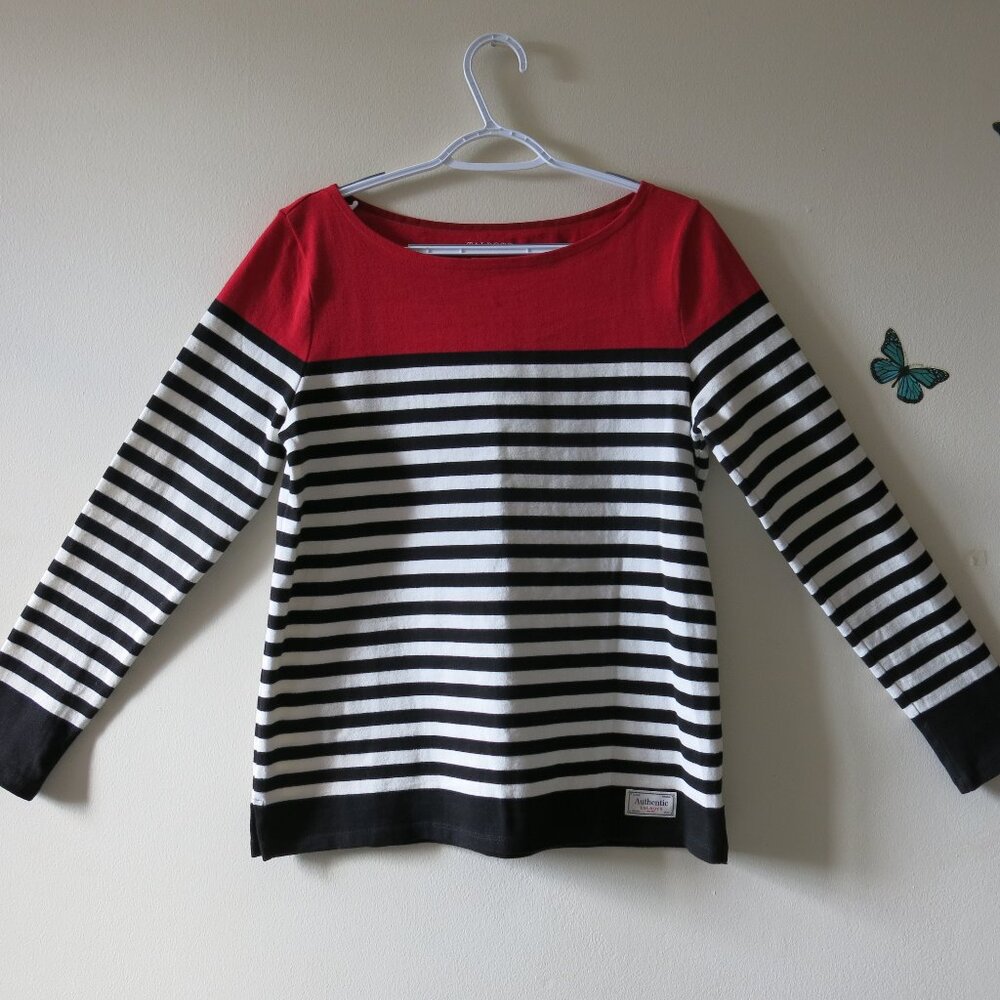 Talbots Red White Black Stripes Trendy Cotton Boat Neck T-Shirt Size M